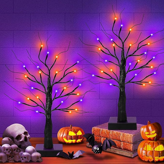 [Timer] 2 Pack 24 Inch Black Halloween Tree with Orange Purple Lights, USB/Battery Operated Light Up Halloween Table Decorations, Spooky Halloween Decorations Indoor Home Mantle Room Party Decor