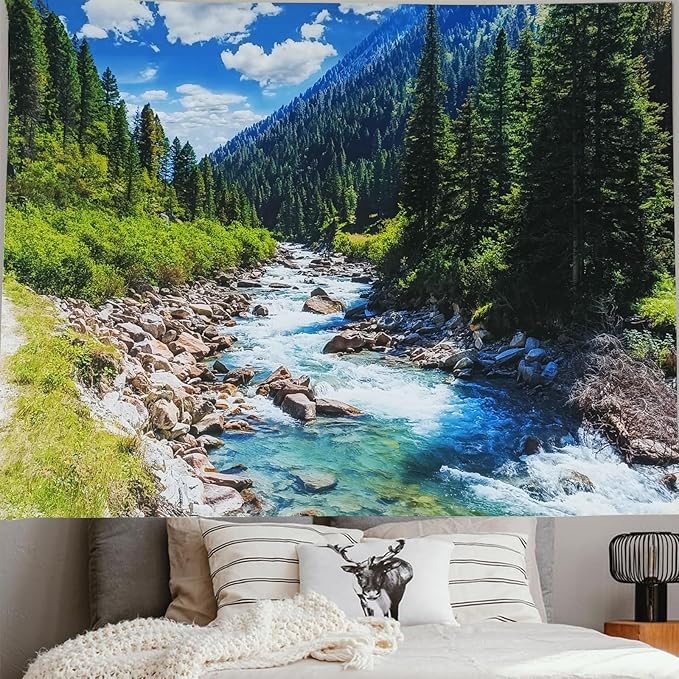 Nature Forest Mountain Tapestry Green Pine Tree Stream Tapestry White Clouds Flowing River Valley Landscape Scenery Tapestries Wall Hanging for Bedroom Dorm Living Room Office Classroom 47 x 35 Inch