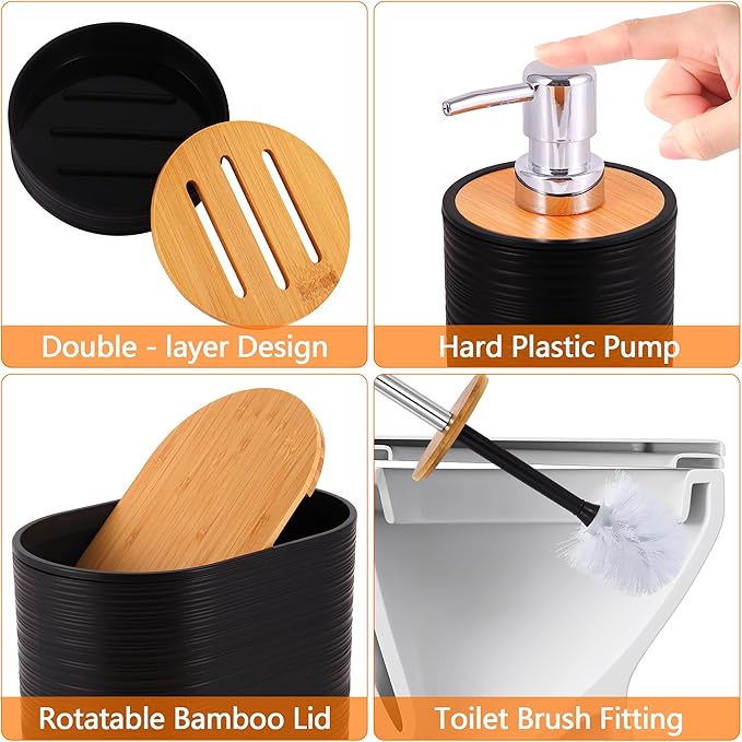 Bathroom Accessory Set,10 PCS Black Bathroom Accessories Set with Trash Can, Toothbrush Holder, Soap Dispenser, Toothbrush Cup, Vanity Tray, Soap Dish, Toilet Brush, Qtip Holders