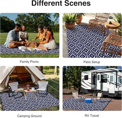 OLANLY Outdoor Rug 9x12 ft Waterproof, Outdoor Plastic Straw Rug with Geometric Pattern Clearance, Reversible RV Mat for Patio, Camping, Balcony, Deck, Backyard, Navy & White