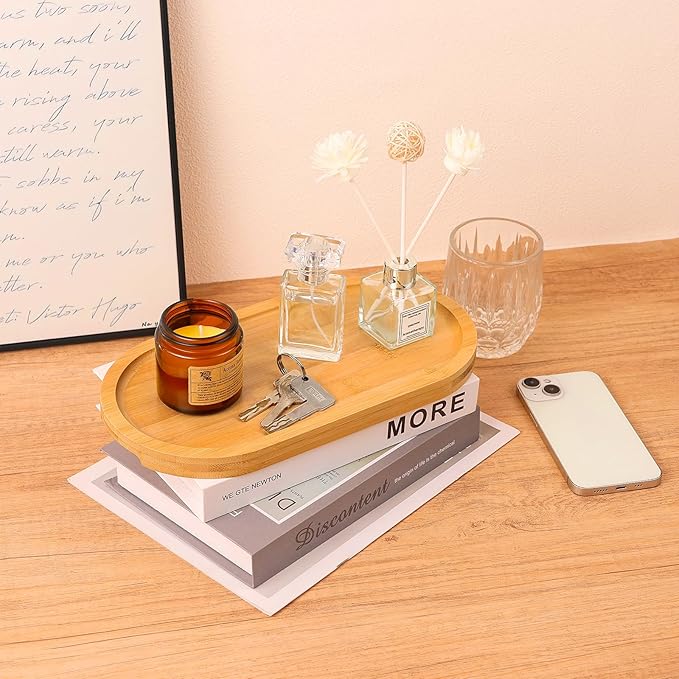 Bamboo Vanity Tray 11.4x6.4 inches, Decorative Vanity Tray for Bathroom Countertop Toilet Tank Farmhouse, Gold