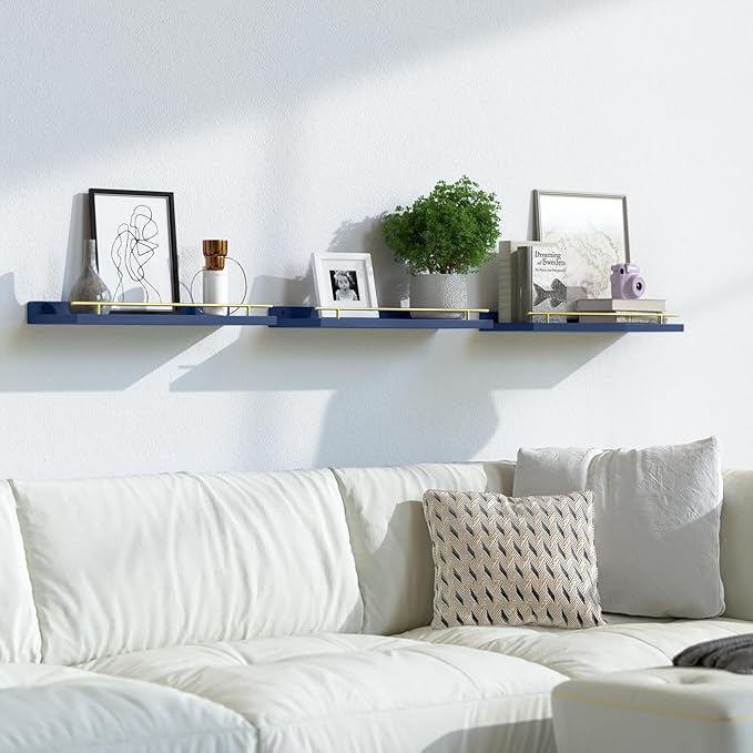 WOPITUES Floating Shelves with Gold Metal Guardrail, Shelves for Wall Decor Set of 3, Wall Shelves for Bedroom, Bathroom, Kitchen, Living Room, Plants, Picture Frames, Art- Gold in Navy Blue
