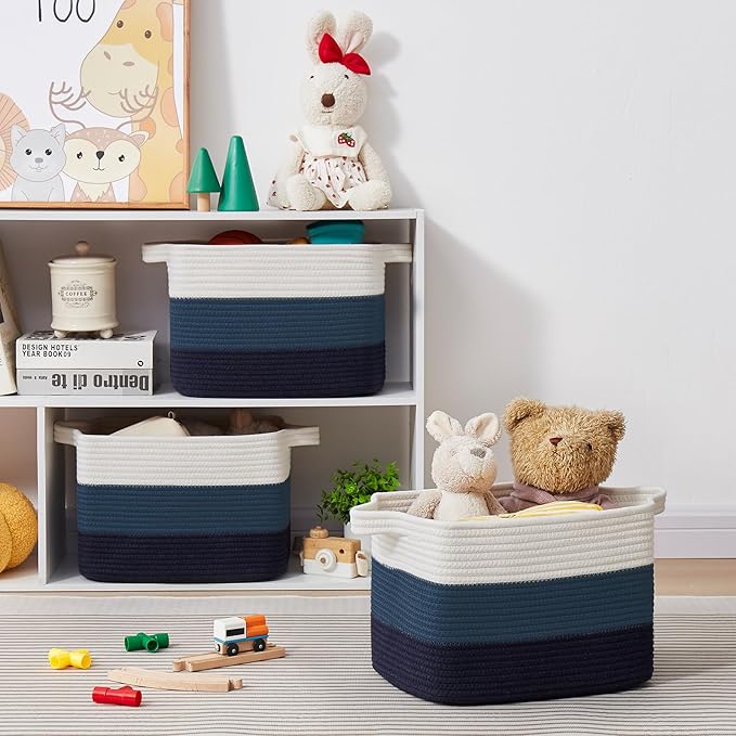 Storage Basket for Organizing, Woven Baskets for Storage, Rectangle Decorative Baskets for Shleves, Closet, Toys, Books, Nursery Organizer Bins - Pack of 3 (Gradient Blue)