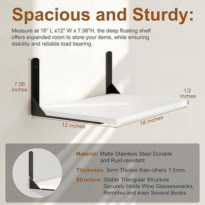 16" W x 12" D White Floating Shelves for Wall, 12 Inch Deep Floating Shelf with Visible Bracket, Rustic Wood Bookshelf Wall Mounted, Deep Bathroom Shelves for Storage, Set of 2