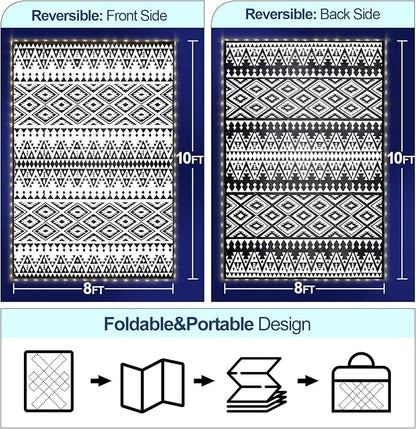 Outdoor Rug Mat with Led Strip Lights for Patio, 8x10ft Waterproof Reversible Plastic Straw Rugs, Camping Carpet Area Mats for RV, Porch, Deck, Backyard, Balcony, Camper, Black & White