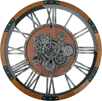 30 Inch Moving Gear Wall Clock, Oversized Wall Clocks, Clock Living Room Decor, Solid Wood Frame, Battery Operated, Large Wall Clock with Steampunk Industrial for Fireplace(Machilus)