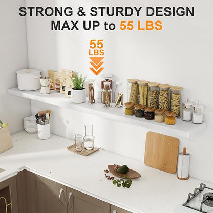 72 Inch Floating Shelves for Wall, 8 Inch Deep Floating Shelf, Large Shelves with Invisible Bracket for Books|Storage, Rustic Wood Wall Shelf for Bedroom, Kitchen, Living Room, White