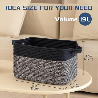 Storage Basket for Organizing, Woven Baskets for Storage, Rectangle Decorative Baskets for Shleves, Closet, Toys, Books, Nursery Organizer Bins - Pack of 3 (Blue & Black)