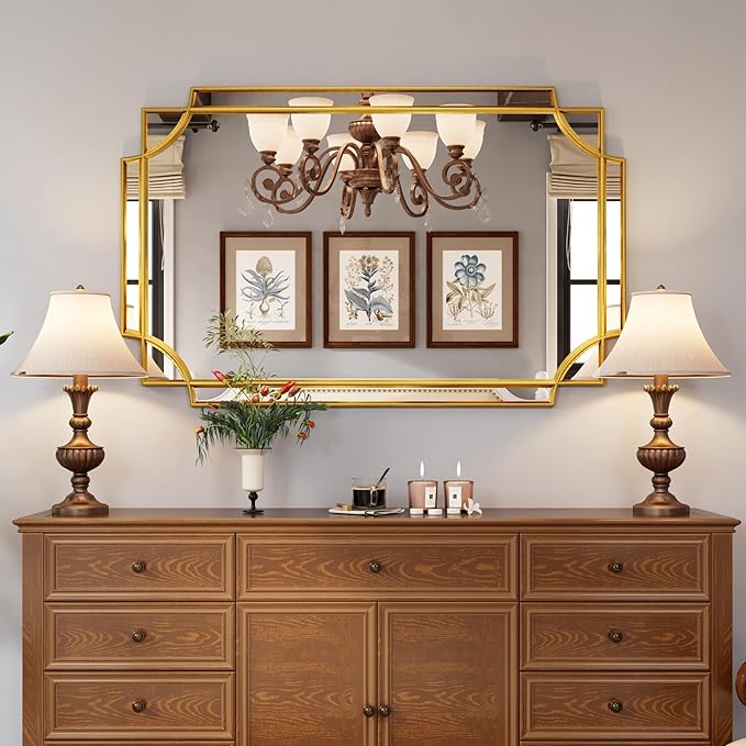 Kelly Miller Large Gold Mirror for Wall, 30"x46" Gold Bathroom Mirror Vanity Mirror Decorative Mirror Scalloped Beveled Mirror for Master Bath Half Bath Living Room Bedroom Farmhouse Fireplace Hallway