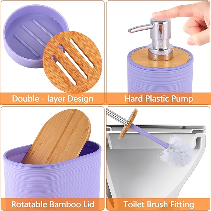 Bathroom Accessory Set,10 PCS Purple Bathroom Set with Trash Can,Toothbrush Holder,Soap Dispenser,Toothbrush Cup,Vanity Tray,Soap Dish,Toilet Brush,Qtip Holders