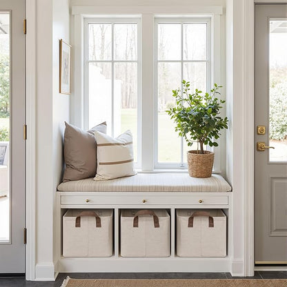 StorageWorks Storage Bins, Shelves Baskets for Organizing, Fabric Closet Organizers with Handles, Metal Frame, Beige（Cotton-linen）, 2-Pack