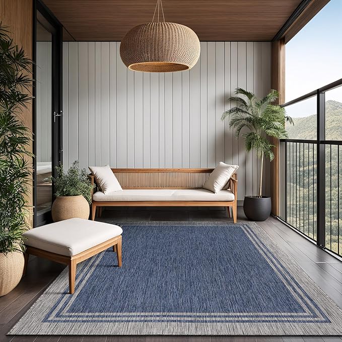 Bordered Outdoor Rug 9x12 Washable Outside Carpet for Indoor Patio Porch Waterproof Easy Cleaning Non Shedding Area Rugs Navy 9 x 12