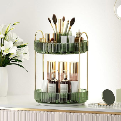 360° Rotating Makeup Organizer, Upgraded 2 Tier Skincare Perfume Organizers for Women, Bathroom Organizer Countertop, Clear Cosmetic Dresser Organizer with Makeup Brush Holder, Sink&Counter (Green)