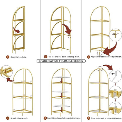 Crofy Foldable 3 Tier Corner Shelf, Metal Corner Plant Stand with Gold Frame and Transparent Shelves, Corner Display Rack Multipurpose Shelving Unit for Living Room, Bedroom, Bathroom