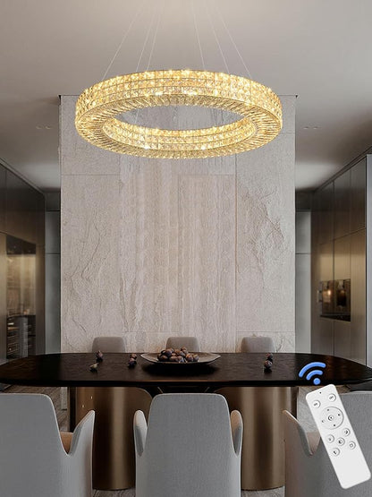 Dia 32" Ring Crystal Chandelier Modern Gold Chandelier Adjustable Height Luxury Crystal Pendant Ceiling Light Fixture for Dining Living Room Bedroom