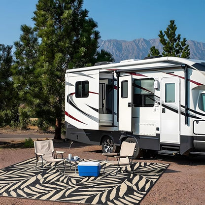 OLANLY Waterproof Outdoor Rug 9x12 ft, Reversible Outdoor Plastic Straw Rug with Leaf Pattern, RV Mat, Indoor Outdoor Carpet for Patio, Camping, Balcony, Deck, Backyard, Black & Beige