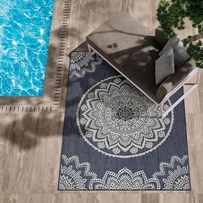 CAMILSON Outdoor Rug 10x14 Modern Area Rugs for Large Indoor and Outdoor Patios and Porches - Waterproof Washable Non-Shedding Easy-to-Clean Outside Carpet (10 x 14, Medallion - Blue/White)
