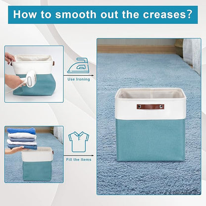 13x13 Cube Storage Bins, Collapsible Fabric Storage Box, 4 Pack Closet Baskets with Handles for Organizing, Shelf, Toys, Clothes, Home, Office, Nursery (Teal&White)