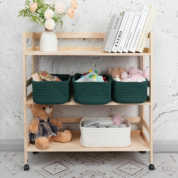 Small Woven Storage Baskets 12“X8”X5“ Decorative Rope Bins for Organizing Shelves, Closets, and Toys, Empty Gift Baskets, Cute Organizer Basket for Home and Office (dark green, regular)