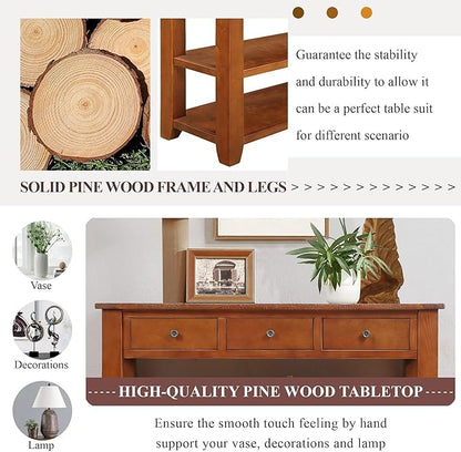 Solid Wood Console Table Entryway Table with Storage Drawers and Bottom Shelf Sofa Table for Entry Hallway Foyer Sofa Couch Table,Fully Assembled (48.8" Brown)