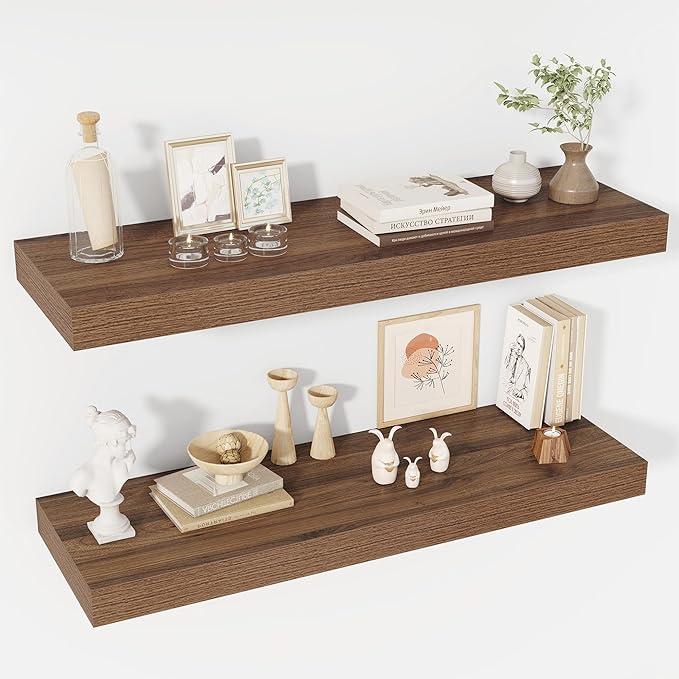 40 Inch Floating Shelves, 12" Deep Floating Shelf Wall Mounted, 40" Wall Shelves, Rustic Deep Bookshelf, Extra Deeper & Thicker Display Shelves for Bedroom, Living Room, Walnut, Set of 2