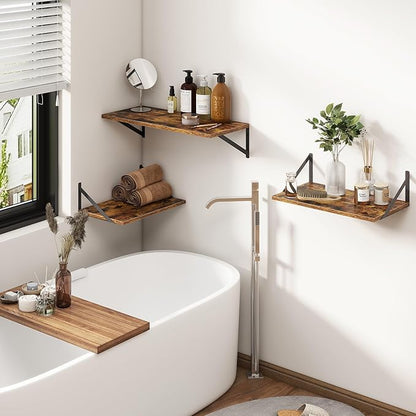 18"W x12"D Floating Shelves, Farmhouse Wall Shelves Home Decor Shelf, Deep Bathroom Shelf with Bracket, 12 Inch Deep Wall Shelves for Living Room, Kitchen, Bedroom, Rustic Brown, Set of 2