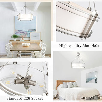 20.4''Drum Chandelier,5-Light Brushed Nickel Modern White Fabric Chandeliers,Farmhouse Round Pendant Light Fixture for Dining Room Kitchen Island Living Room Bedroom Hallway