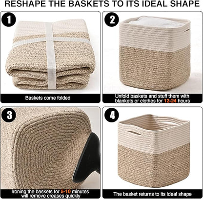 11 Inch Cube Storage Bins, Organizer Woven Cotton Rope Square Baskets for Organizing Shelves, Toys, Nursery, Off White & Brown (Pack of 3)
