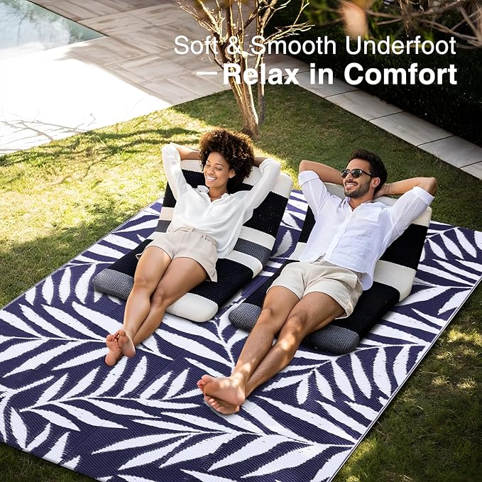 OLANLY Waterproof Outdoor Rug 5x8 ft, Reversible Outdoor Plastic Straw Rug with Leaf Pattern, RV Mat, Indoor Outdoor Carpet for Patio, Camping, Balcony, Deck, Backyard, Navy & White