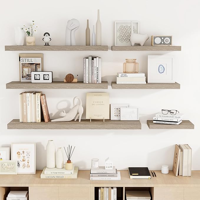 24 Inch Floating Shelves, 3D Textured Wood Grain, 24"x9.25"x1.5" Inch Deep Floating Shelves for Wall, Wooden Shelves for Bathroom, Bedroom, Living Room, Vintage Gray Oak, 2 Pieces