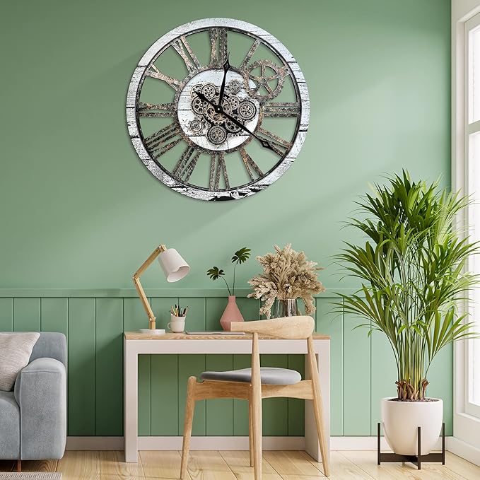 HOIBAI Large Wall Clock Clocks for Living Room Decor Oversized 30 Inch Wall Decor Farmhouse Vintage Rustic Industrial Roman Big Chic Home Decor Wall Clock for House Bedroom, Moving Gears Clock