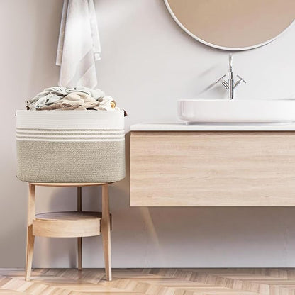 86L Extra Large Laundry Basket with Leather Handles for Living Room Storage, Woven Rope Baskets for Blanket, Kids Toy, Gifts, Wicker Hamper for Bedroom Dirty Clothes, 24"x16"x14" White Brown