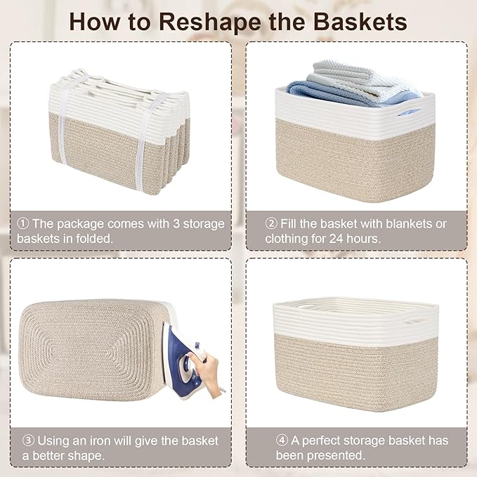 Shelf Baskets for Organizing, Woven Storage Basket for Shelves, Cotton Rope Storage Bins for Toys Books, Nursery Towel Baskets for Classroom, 14.96"X9.8"X8.85", 3-Pack White/Brown