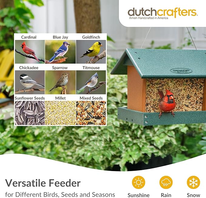 Poly Hanging Hopper Bird Feeder, Large Hanging Bird Feeder for Outside, Outdoors - Amish American Made (Turf Green & Cedar)