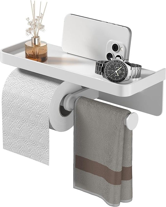Double Toilet Paper Holder with Shelf, iMonse Paper Towel Holder Wall Mount,Tissue Roll Holder for Bathroom Kitchen RV, Double Tissue Roll Rack with Adhesive & Screw (White)