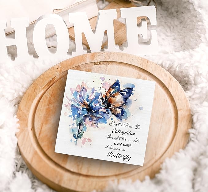 SRADMO Inspirational Desk Signs, Inspirational Butterfly Wood Box Sign Desk Decor, Motivational Desk Decor, Encouragement Theme Wooden Block Box Sign Decoration for Home Office Shelf Table Decor