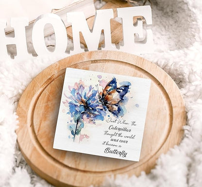 SRADMO Inspirational Desk Signs, Inspirational Butterfly Wood Box Sign Desk Decor, Motivational Desk Decor, Encouragement Theme Wooden Block Box Sign Decoration for Home Office Shelf Table Decor