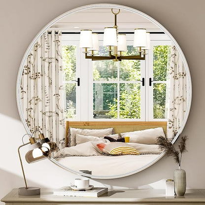 24 Inch Round Bathroom Mirror - Wall Mounted Circle Mirror with Metal Frame, Modern Mirror Suitable for Bathroom, Vanity, Entryway, Living Room, Wall Decor,Silver