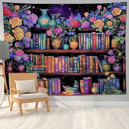 keowhsf Pink Purple Flower Bookshelf Wall Tapestry Colorful Tapestries for Bedroom Aesthetic Floral Tapestry Wall Hanging Cute Girl Bedroom Decor