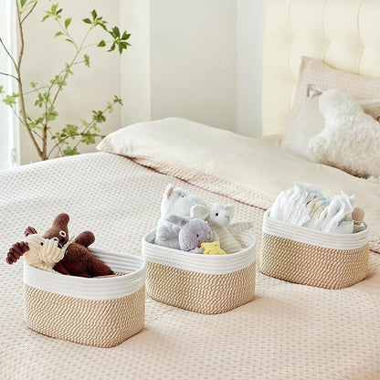 Small Cotton Rope Storage Basket Set of 3-11"x7"x7" Perfect Woven Baskets for Storage, Ideal Storage Baskets for Organizing Toys, Towels, and More - Baskets for Shelves（White & Mixed Camel）