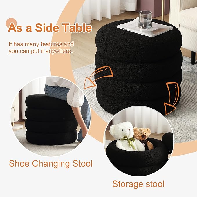 ONEVOG 16 Inch Small Ottoman Foot Rest, Sherpa Storage Ottoman for Toys, Black Vanity Stool Soft Tufted Fabric Pouf, Footstool Seat for Living Room, Dorm, Bedroom