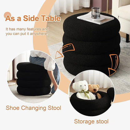 ONEVOG 16 Inch Small Ottoman Foot Rest, Sherpa Storage Ottoman for Toys, Black Vanity Stool Soft Tufted Fabric Pouf, Footstool Seat for Living Room, Dorm, Bedroom