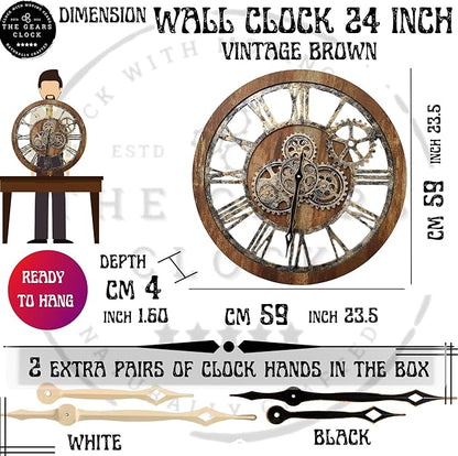 The Gears Clock The Original Real Moving Gear Wall Clock Vintage Industrial Oversized Rustic Farmhouse (24 inch (60cm), Vintage Brown)