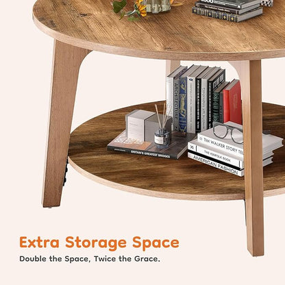 Sweetcrispy Round Coffee Table, 36'' Wood Coffee Tables for Living Room with Storage, 2-Tier Center Circle Counter with Wooded Desktop, 50 lbs Capacity, Anti-Slip Feet, Modern Farmhouse Design, Brown