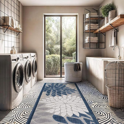 Beverly Rug Outdoor Runner Rug 2x7 Modern Floral Tropical Area Rugs for Indoor and Outdoor Patio Easy to Clean Non Shedding Living Room Porch Garden Washable Outside Carpet (2 x 7 Blue)