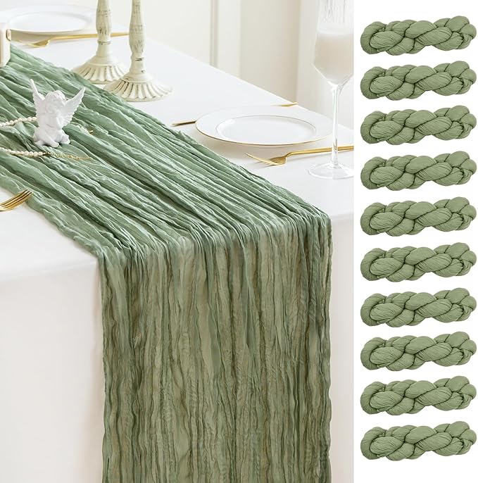 Sioloc 10 Pack Sage Green Cheesecloth Table Runner Fall Autumn Decor for Home 10ft Table Cloth for Tea Wedding Birthday Party Baby Bridal Shower Halloween Thanksgiving