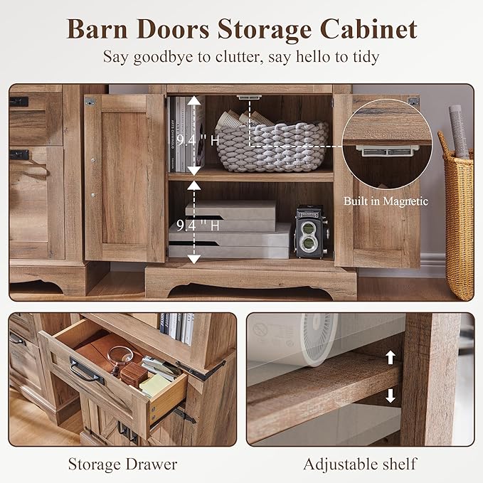 RedLemon Bookshelf with Storage Cabinet, 72" Tall Farmhouse Bookcase with Adjustable Shelves and Barn Door, 4 Tier Office Wood Bookshelf with Retro Metal Handles for Office, Library (Natural Oak)