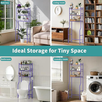 3-Tier Over The Toilet Storage with Paper Holder, Metal Bathroom Organizers and Storage for Small Space, Freestanding Bathroom Shelves with 4 Hooks, Above The Toilet Storage Shelf, Purple