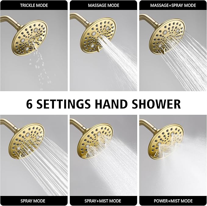 sumerain Modern Shower Faucet Set with 6-Spray Shower Head, Tub Spout and Shower Trim Kit with Valve, Brushed Gold Finish