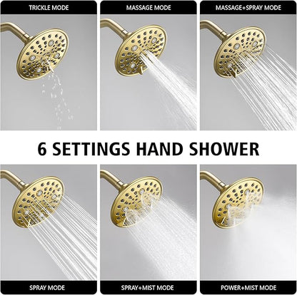 sumerain Modern Shower Faucet Set with 6-Spray Shower Head, Tub Spout and Shower Trim Kit with Valve, Brushed Gold Finish